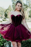 Burgundy Short Tulle Sweetheart A Line Mini Cocktail Party Dress,Cheap Homecoming Dresses