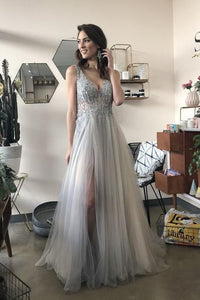 A-Line V Neck Long Grey Tulle Split Prom Party Dress with Sequins PFP0055