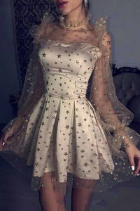 Grey Tulle Long Sleeves Star Homecoming Dress, Short Party Dresses PFH0195