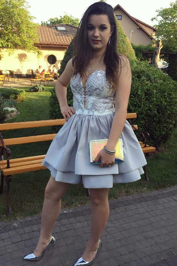 Sweetheart Lace Applique Gray Homecoming Dress with Tiered Skirt PFH01 Promfast Sweetheart Lace Applique Gray Homecoming Dress with Tiered Skirt PFH01 Promfast