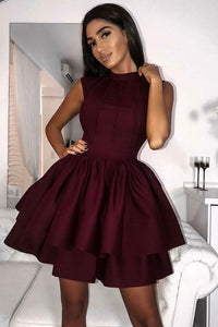 Cute Burgundy High Neck Short Homecoming Dresses With Tiered Skirt PFH Promfast Cute Burgundy High Neck Short Homecoming Dresses With Tiered Skirt PFH Promfast
