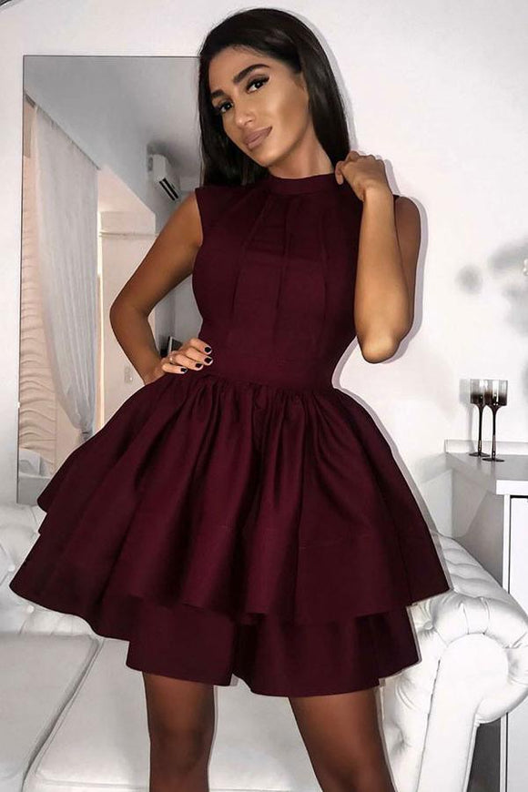 Cute Burgundy High Neck Short Homecoming Dresses With Tiered Skirt PFH0198