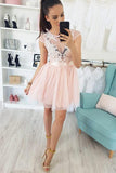 Appliques Cap Sleeve Pearl Pink Tulle Short Homecoming Dress PFH0200