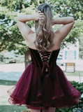 Burgundy Short Tulle Sweetheart A Line Mini Cocktail Party Dress,Cheap Homecoming Dresses PFH0138