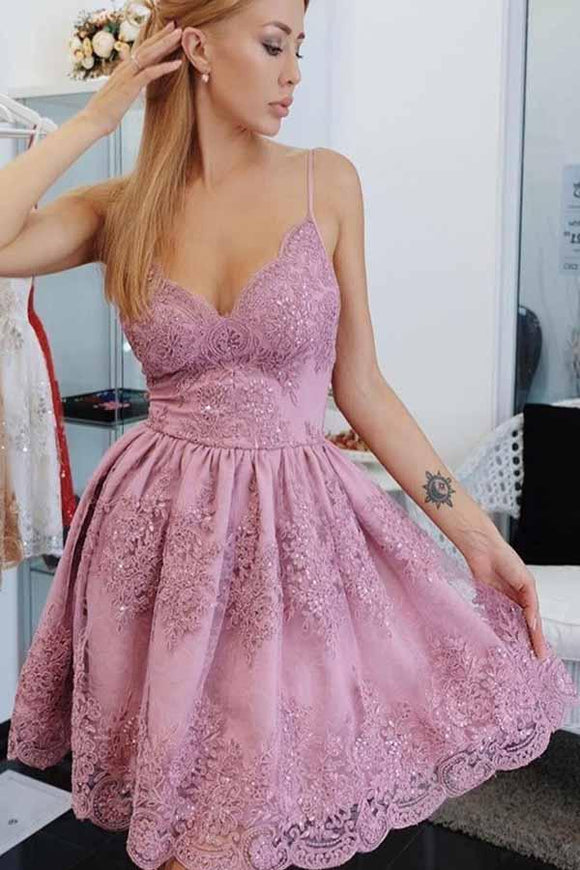 Spaghetti Strap Short A Line Homecoming Dresses with Lace Appliqes PFH0203