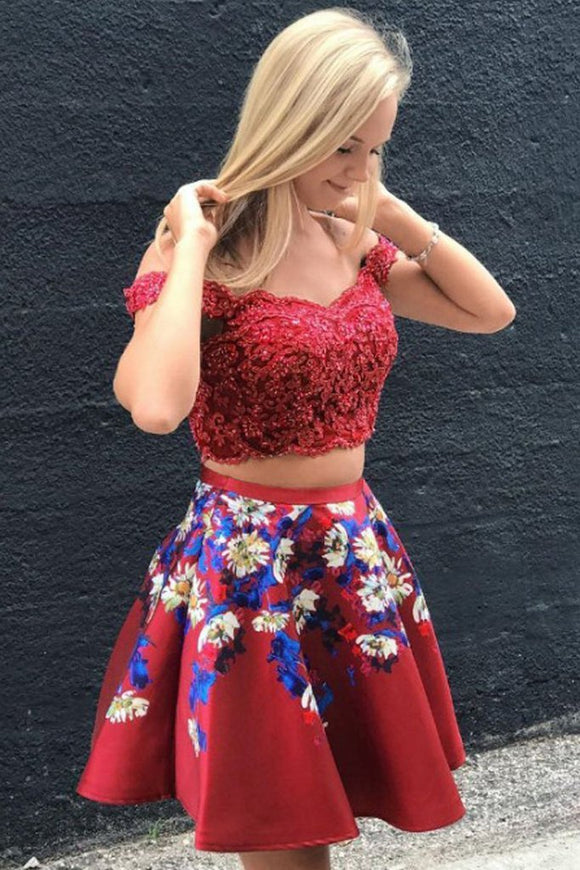 A Line Two Piece Red Off Shoulder Lace Applique Short Homecoming Dress Promfast A Line Two Piece Red Off Shoulder Lace Applique Short Homecoming Dress Promfast