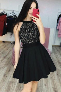 Black Lace Cheap Homecoming Dresses, A Line Sleeveless Short Prom Dress PFH0206