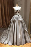 Vintage A Line Strapless Gray Cheap Appliques Long Prom Dress PFP0056