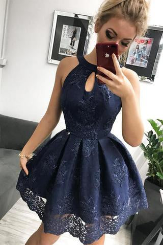 Navy Blue Lace Homecoming Dress, Simple Sleeveless Short Party Dresses PFH0208