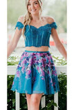 Two Piece Turquoise Off Shoulder Beading Floral Homecoming Dresses PFH0209