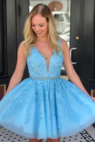 Blue Appliques Beaded Sleeveless A Line Tulle Short Homecoming Dresses PFH0211