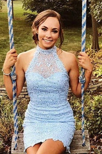 Light Blue Lace Beadsed Tight Homecoming Dresses, Sexy Sheath Short Cocktail Dress PFH0212