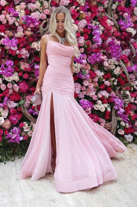 Mermaid Spaghetti Straps Floor-Length Pink Prom Dress with Split Ruched PFP1486