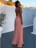 A-Line Deep V-Neck Floor-Length Pink Chiffon Prom Dress with Split PFP1488