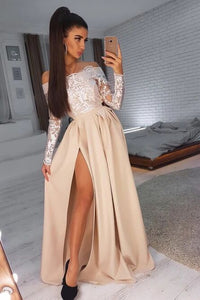 A-Line Off-the-Shoulder Long Sleeves Prom Dress with Lace Appliques Split PFP1489