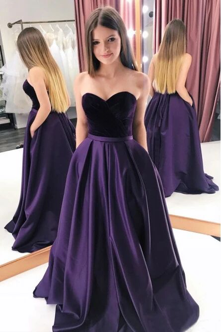 A-Line Sweetheart Sweep Train Purple Prom Dress with Pockets PFP1490