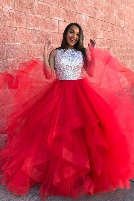 Charming Red Ball Gowns Organza Ruffle Sequin Top Prom Dresses PFP0057