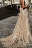 Promfast Sparkle Backless Plunging Neckline Sequin Long Prom Evening Dress PFP1918