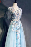 Light Blue Cap Sleeves Prom Dress with Beading, Formal Evening Dress PFP1491