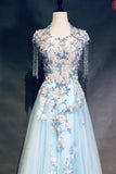 Light Blue Cap Sleeves Prom Dress with Beading, Formal Evening Dress PFP1491