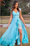 A-Line V-Neck Lace Up Light Blue Long Prom Dress with Beading Split PFP1492