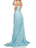 A-Line V-Neck Lace Up Light Blue Long Prom Dress with Beading Split PFP1492