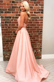 A-Line Halter Backless Sweep Train Pink Prom Dress with Appliques PFP1495
