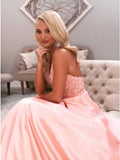 A-Line Halter Backless Sweep Train Pink Prom Dress with Appliques PFP1495