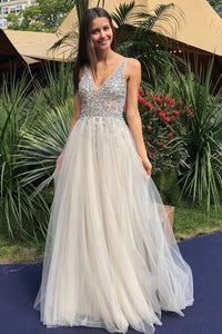 A-Line V-Neck Backless Floor-Length Ivory Tulle Prom Dress with Beading PFP1496