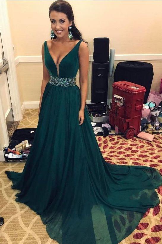 Simple V-Neck Sweep Train Dark Green Chiffon Prom Dress with Beading P Promfast Simple V-Neck Sweep Train Dark Green Chiffon Prom Dress with Beading P Promfast