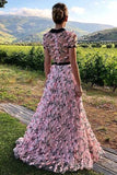 Floral Long Short Sleeves Cheap Prom Dresses with Appliques PFP1504