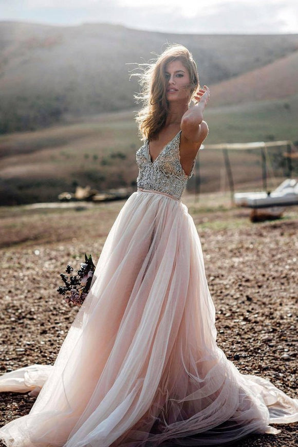 Pink Beading A Line V- Neck Sexy Tulle Long Beach Wedding/Prom Dress PFW0242
