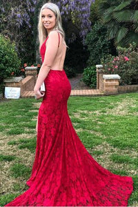 Red Lace Spaghetti Strap Backless Prom Dresses, Mermaid Prom Dress