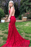 Red Lace Spaghetti Strap Backless Prom Dresses, Mermaid Prom Dress