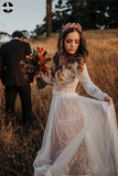 Promfast Polka Dot Long Sleeve Boho Wedding Dresses Lace Bohemian Backless Wedding Gown PFW0510