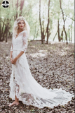 Promfast White Tulle Lace Long Sleeves Beach Wedding Dresses, Bridal Gown PFW0562