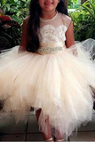 Promfast Cute Tulle Jewel Neckline Cap Sleeve Beading Flower Girl Dresses With Lace Appliques PFF0001
