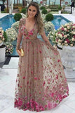 A-Line V-Neck Long Sleeves Tulle Prom Dresses with Floral Appliques PFP1506