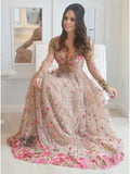A-Line V-Neck Long Sleeves Tulle Prom Dresses with Floral Appliques PFP1506