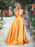 Orange Spaghetti-Straps Elegant V-Neck Backless Sleeveless Prom Dresses PFP1509