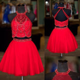 Halter Two Pieces Beaded Royal Blue A-line Tulle Mini Short Homecoming Dresses PFH0140