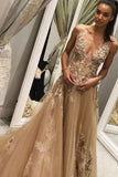 A Line Tulle Long Appliques Deep V Neck Prom Dress With Beading PFP0059