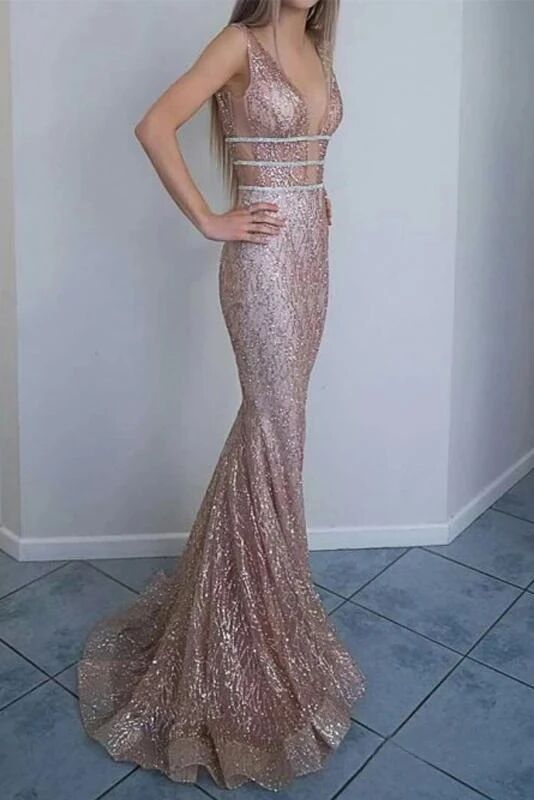 Mermaid V-Neck Backless Glitter Formal Evening Prom Dresses PFP1511