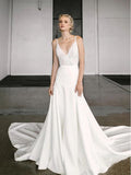 Elegant A-Line V Neck Spaghetti Straps Wedding Dresses with Lace PFW0371