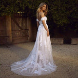 Simple A-Line Off the Shoulder White Beach Wedding Dresses PFW0372