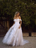 Simple A-Line Off the Shoulder White Beach Wedding Dresses PFW0372