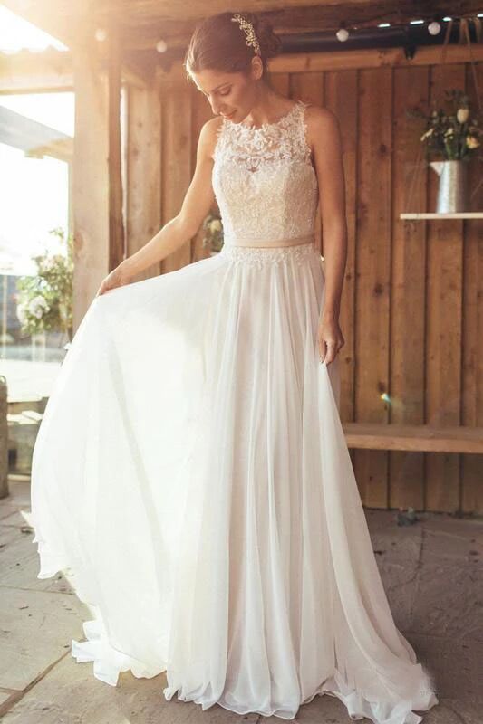 Elegant A-Line Round Neck Chiffon with Lace,Beach Boho Wedding Dresses PFW0373