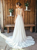 Elegant A-Line Round Neck Chiffon with Lace,Beach Boho Wedding Dresses PFW0373