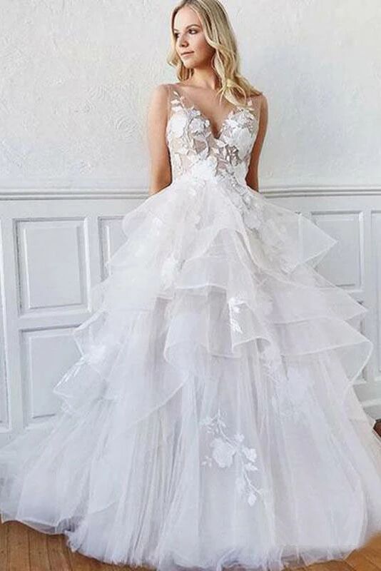 Romantic A-Line V Neck Tiered Appliques Tulle Long Wedding Dresses PFW0374