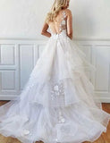 Romantic A-Line V Neck Tiered Appliques Tulle Long Wedding Dresses PFW0374